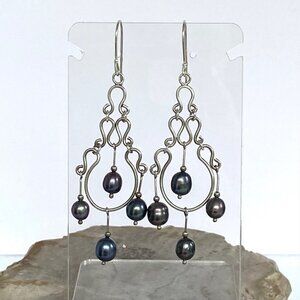 Sterling Silver 925 2.91" Peacock Pearl 3 Tier Chandelier Dangle Earrings